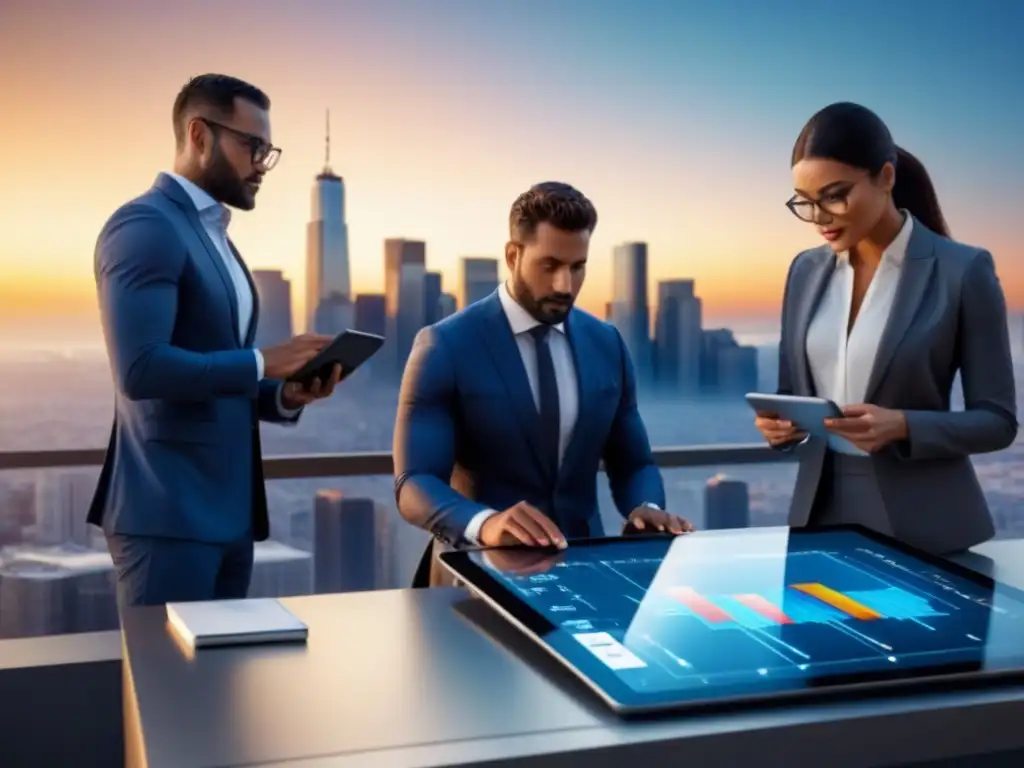 Inversión Inmobiliaria: Colaboración y Estrategia al Atardecer Grupo diverso de profesionales realizando análisis de mercado inversiones inmobiliarias en la ciudad al atardecer