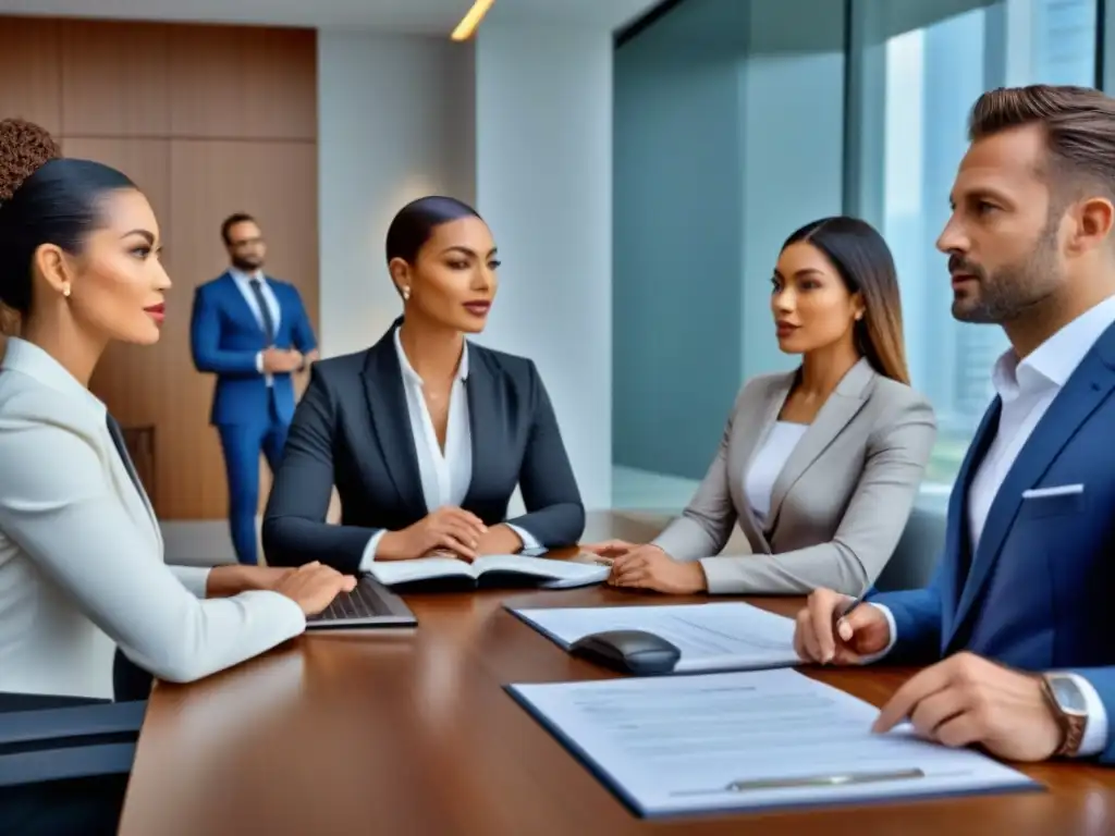 Reunión profesional en oficina moderna: expertos en subastas inmobiliarias Grupo diverso de profesionales en una animada discusión en una moderna sala de reuniones, resaltando la colaboración y conocimiento