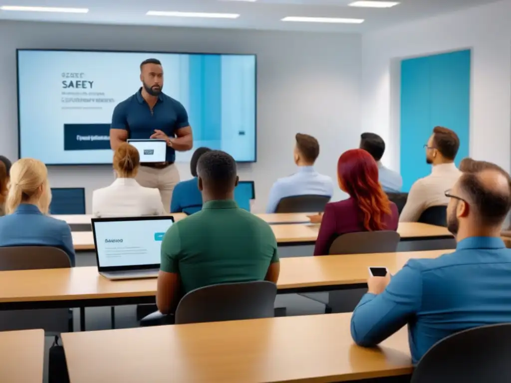 Profesionales atentos aprendiendo seguridad en aula moderna Un grupo diverso de profesionales atentos en una clase moderna sobre 'Mejores prácticas seguridad espacios comerciales'