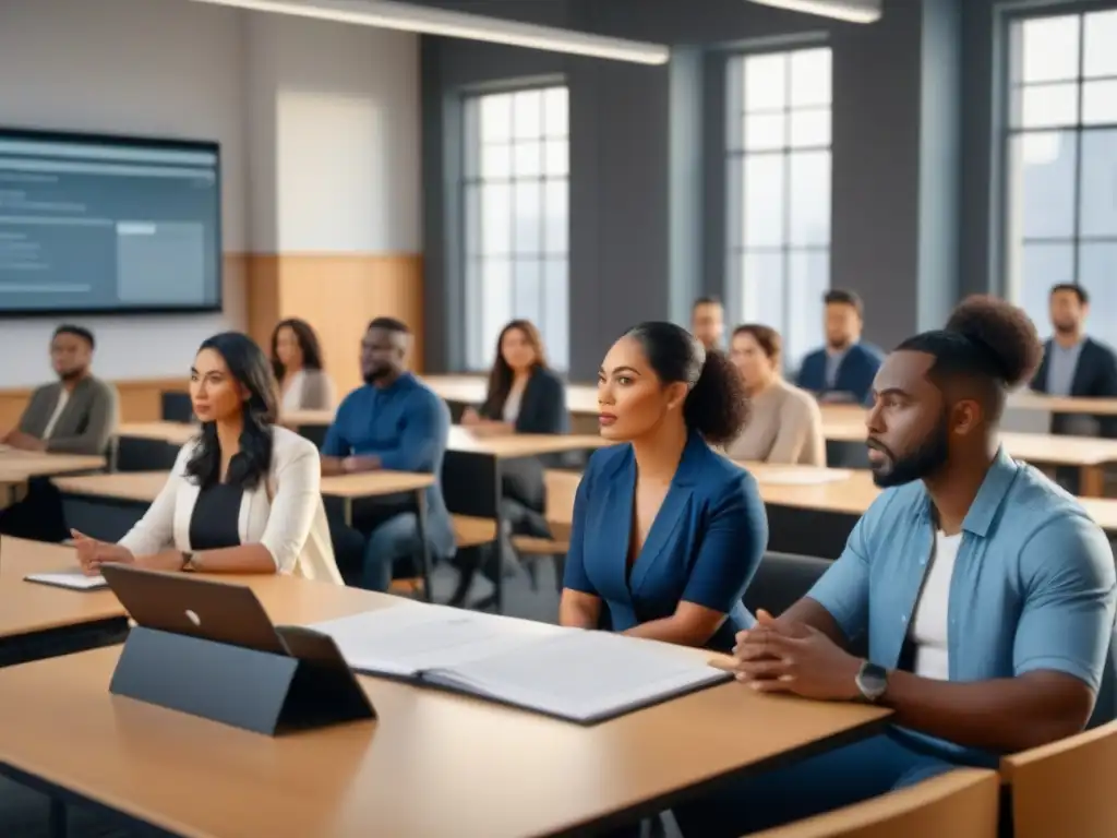 Un grupo diverso de profesionales en una aula, aprendiendo sobre restauración histórica