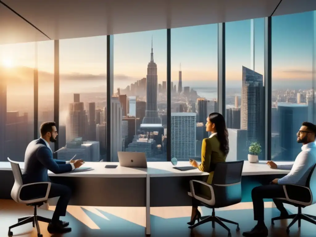 Profesionales diversificados en reunión de refinanciamiento inmobiliario Grupo diverso de profesionales discutiendo beneficios fiscales en refinanciamiento inmobiliario en una oficina moderna