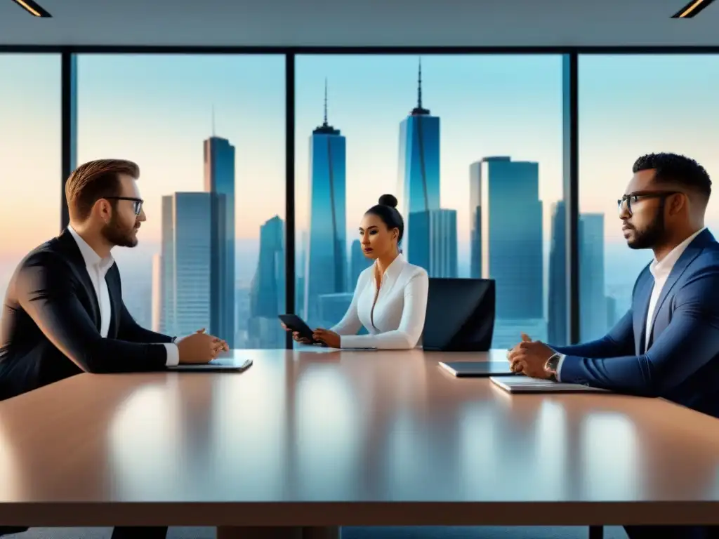 Profesionales diversificados discuten financiamiento inmobiliario innovador en moderna oficina Un grupo diverso de profesionales discute los Beneficios del financiamiento alternativo inmobiliario en una oficina moderna y elegante