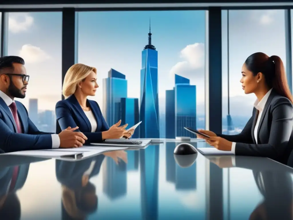 Profesionales debaten sobre REITs en oficina moderna Un grupo diverso de profesionales discute sobre REITs de capital vs hipoteca en una oficina moderna y vibrante
