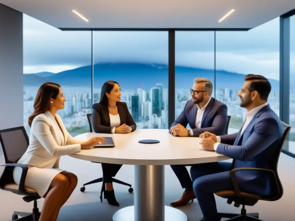 Profesionales en Chile discuten estrategias inmobiliarias Un grupo diverso de profesionales chilenos discute estrategias de inversión inmobiliaria, mostrando colaboración y profesionalismo