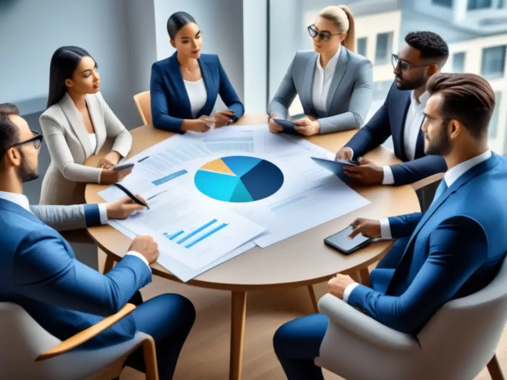 Profesionales colaborando por transparencia en bienes raíces Un grupo diverso de profesionales colabora para denunciar corrupción en mercado inmobiliario