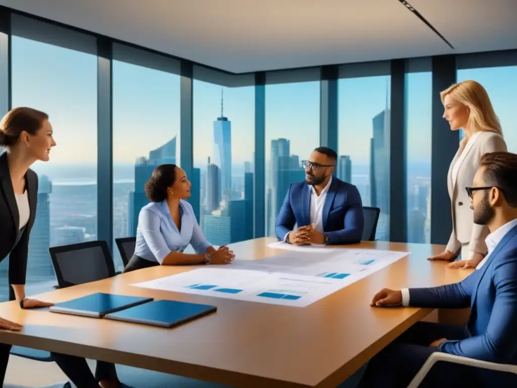 Profesionales en reunión: toma de decisiones inmobiliarias Un grupo diverso de profesionales analiza datos financieros y planos arquitectónicos en una oficina moderna con vista a la ciudad