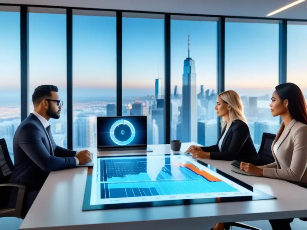 Profesionales analizan datos demográficos para inversiones inmobiliarias Un grupo diverso de profesionales analiza datos demográficos para inversión inmobiliaria en oficina futurista