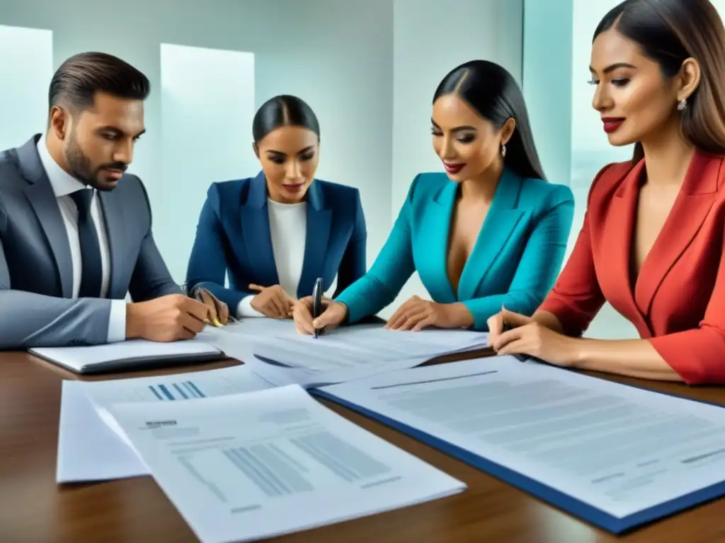 Profesionales revisando documentos legales en México Un grupo diverso de profesionales revisando documentos legales de compras de propiedades en México, transmitiendo seguridad jurídica