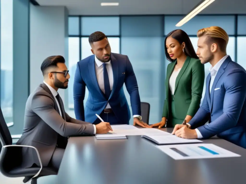 Profesionales discuten documentos inmobiliarios en oficina moderna Un grupo diverso de profesionales discute documentos y regulaciones inmobiliarias en una oficina contemporánea
