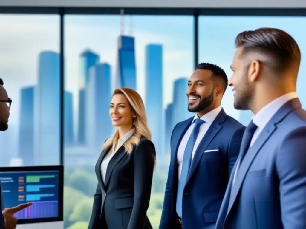 Profesionales diversificados analizan gráficos financieros Un grupo diverso de profesionales discute con entusiasmo frente a una pantalla digital con gráfico financiero
