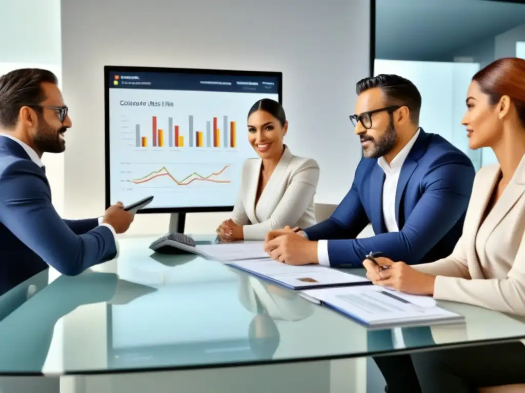 Profesionales exitosos en mesa de estrategia inmobiliaria Un grupo diverso de profesionales discute estrategias en una oficina moderna, transmitiendo conocimiento y profesionalismo