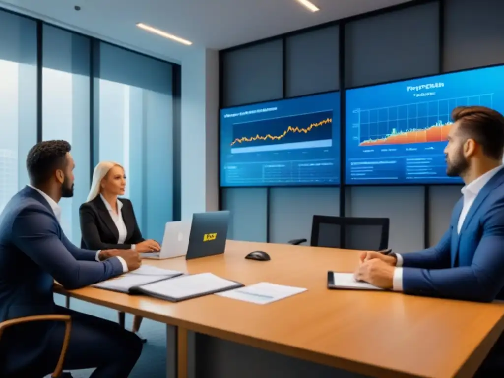 Profesionales diversificados discuten estrategias de venta corta Grupo diverso de profesionales debatiendo estrategias de ventas en corto en una oficina moderna, rodeados de gráficos en pantallas digitales