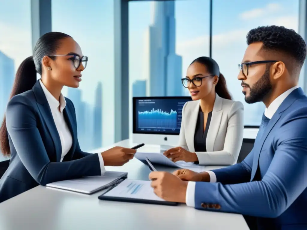 Profesionales discutiendo estrategias de refinanciamiento hipotecario en una oficina contemporánea y luminosa Un grupo diverso de profesionales discute estrategias de refinanciamiento para transformar finanzas personales en una oficina moderna y luminosa