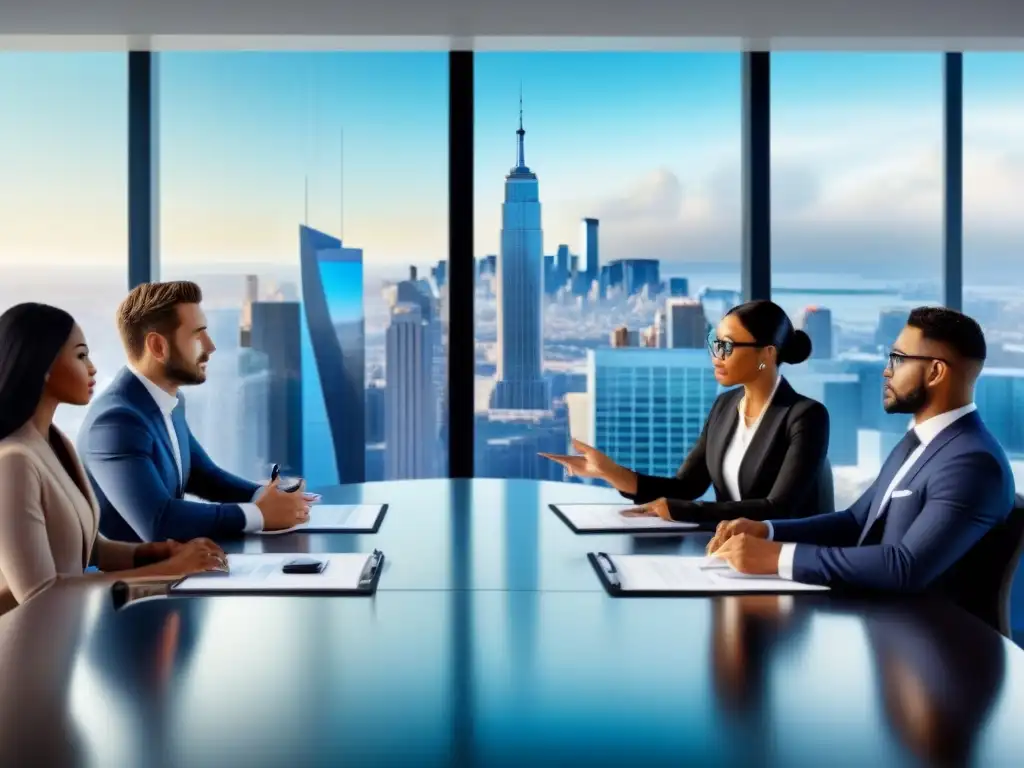 Profesionales innovadores discuten estrategias de inversión inmobiliaria en sala futurista Grupo diverso de profesionales discutiendo estrategias de inversión en crowdfunding inmobiliario en un futurista y elegante salón de reuniones