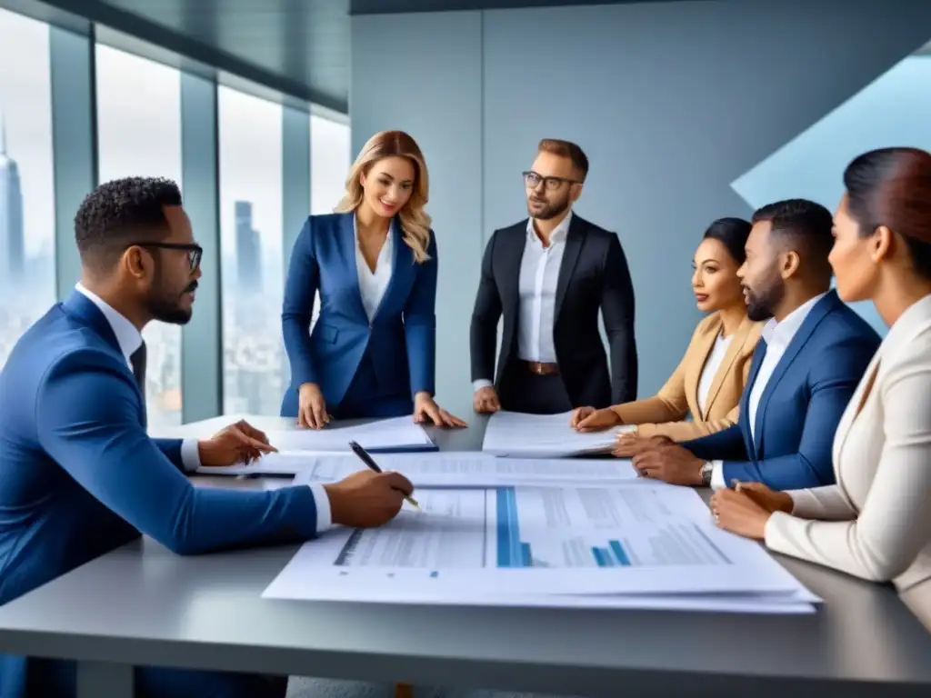 Profesionales diversificados planifican inversiones inmobiliarias Grupo diverso de profesionales discutiendo estrategias en inversiones inmobiliarias: aspectos fiscales