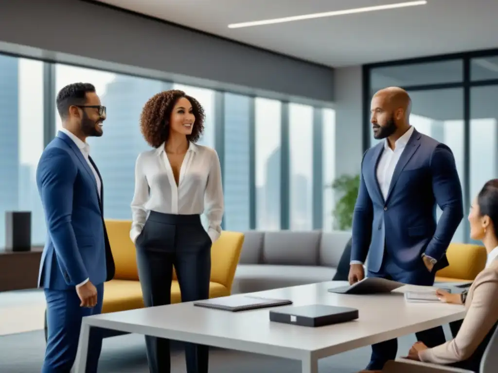Profesionales diversificados debaten estrategias inmobiliarias Un grupo diverso de profesionales discute estrategias de inversión inmobiliaria en una oficina moderna