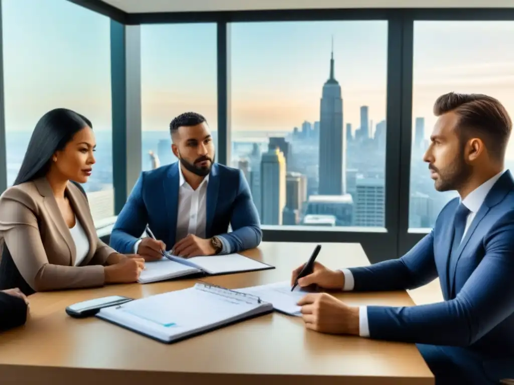 Equipo diverso planificando inversiones inmobiliarias Un grupo diverso de profesionales discute estrategias de inversión inmobiliaria para la jubilación en una sala moderna con vista a la ciudad