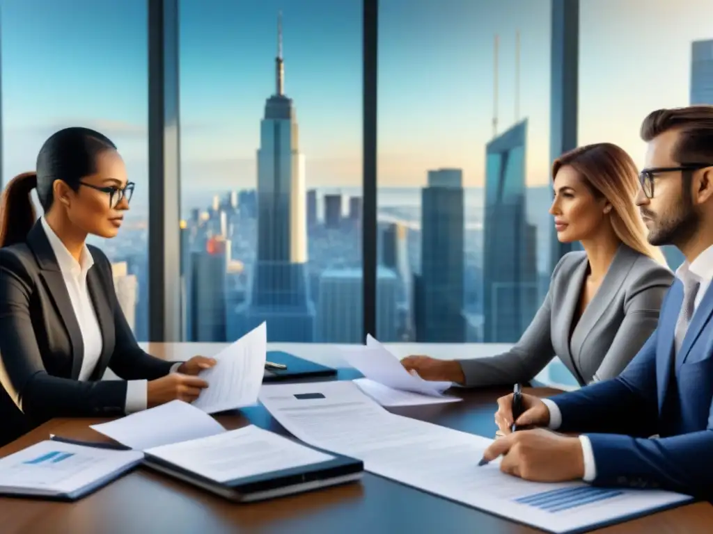 Profesionales expertos reduciendo impuestos en bienes raíces Un grupo diverso de profesionales discute estrategias para reducir la carga fiscal en inmuebles