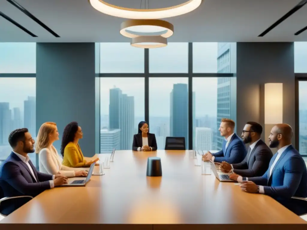 Un grupo diverso de profesionales discute estrategias en una moderna oficina