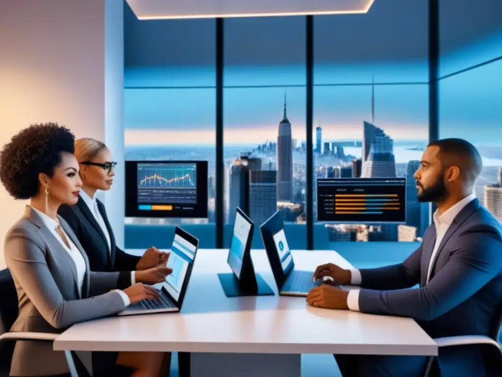 Profesionales diversificados debaten estrategias de inversión inmobiliaria en oficina futurista Grupo diverso de profesionales discutiendo estrategias de inversión inmobiliaria en una oficina futurista