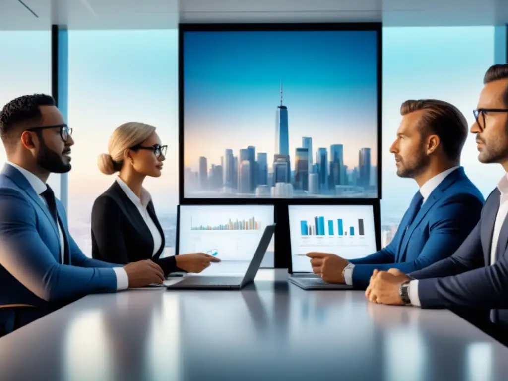 Conferencia de expertos en inversión inmobiliaria: innovación y diversidad Un grupo diverso de profesionales discute estrategias de inversión inmobiliaria en una oficina de lujo, transmitiendo innovación y expertise