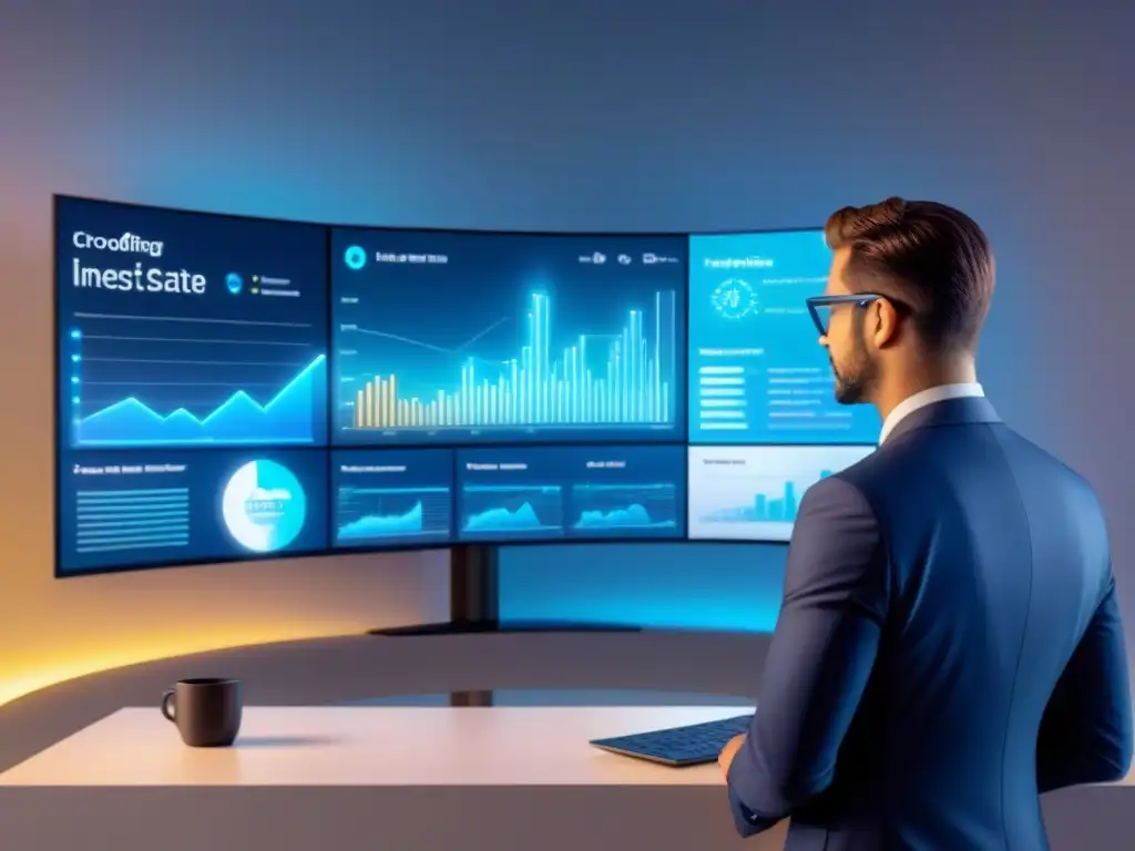 Profesionales diversificados planifican inversión inmobiliaria futurista Grupo diverso de profesionales discuten estrategias de inversión inmobiliaria en holograma futurista