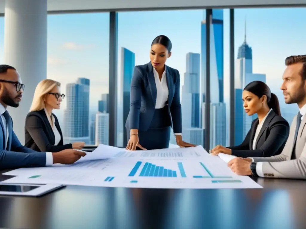 Reunión estratégica de profesionales en inversión inmobiliaria Un grupo diverso de profesionales discute sobre Fondos de Inversión Inmobiliaria para principiantes en una sala contemporánea con vista a la ciudad