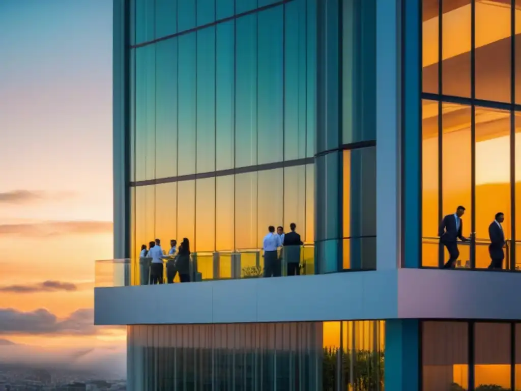 Oficina moderna en El Salvador: inversores extranjeros Grupo diverso de profesionales discutiendo frente a edificio moderno al atardecer en El Salvador, simbolizando oportunidades inmobiliarias