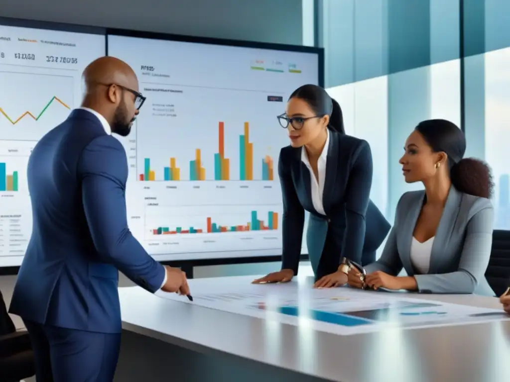 Profesionales analizando gráficos financieros en sala de juntas Un grupo diverso de profesionales analiza gráficos financieros en una sala de juntas moderna