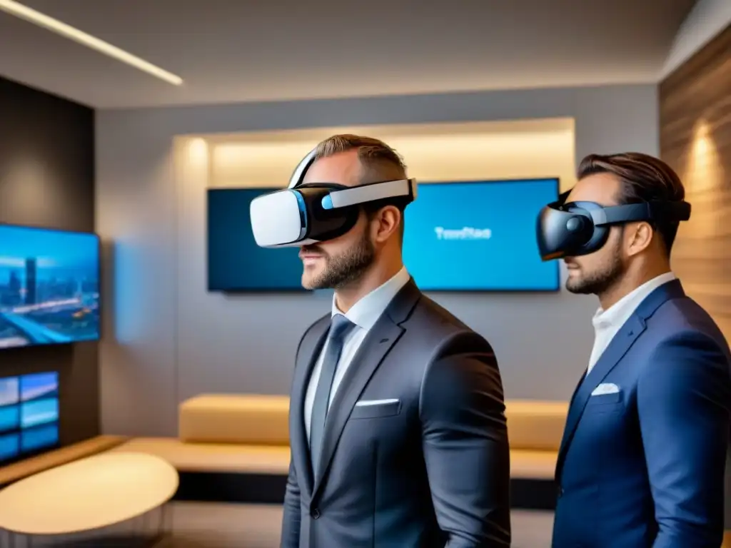 Inmersión total: Realidad virtual para inversores inmobiliarios Un grupo diverso de profesionales interactúa con herramientas tecnológicas para invertir en inmobiliaria en una oficina moderna
