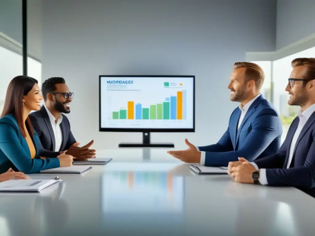 Profesionales financieros colaborando en luminosa oficina Un grupo diverso de profesionales discute sobre hipoteca según ingresos inmobiliarios en una elegante sala llena de luz natural