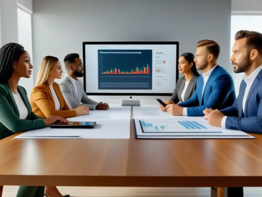 Reunión de expertos inmobiliarios: evaluación de propiedades con tecnología avanzada Grupo diverso de profesionales inmobiliarios discutiendo técnicas de evaluación en una sala moderna llena de luz natural
