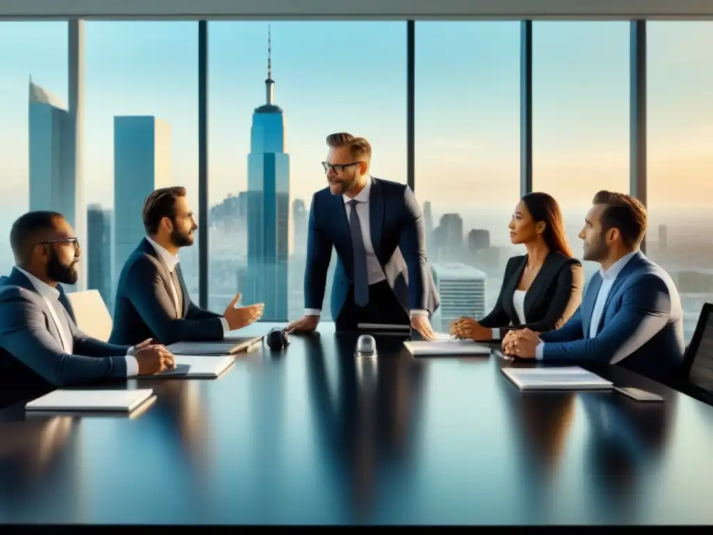 Profesionales inmobiliarios debatiendo en oficina moderna Un grupo diverso de profesionales inmobiliarios discute ética en redes sociales en una moderna oficina de alta tecnología