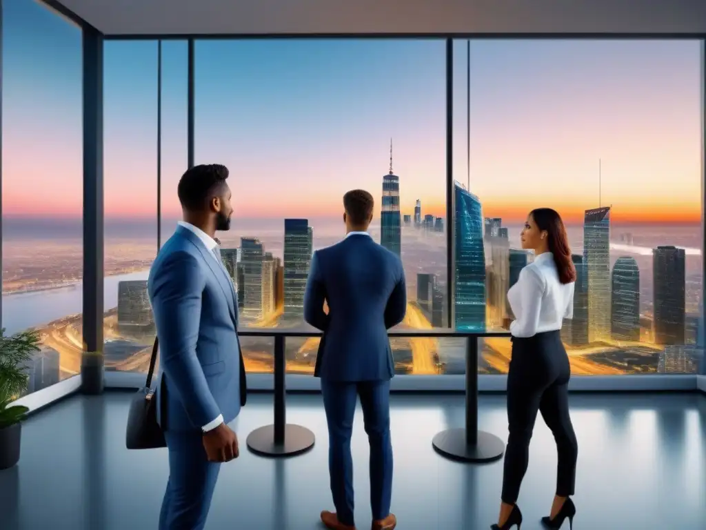 Profesionales inmobiliarios innovadores en entorno digital Un grupo diverso de profesionales inmobiliarios construyendo portafolio online en oficina moderna con vista a la ciudad