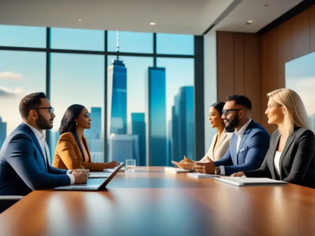 Profesionales inmobiliarios: Estrategias refinanciamiento a corto plazo Un grupo diverso de profesionales inmobiliarios discuten estrategias de refinanciamiento a corto plazo en una moderna sala con vista a la ciudad