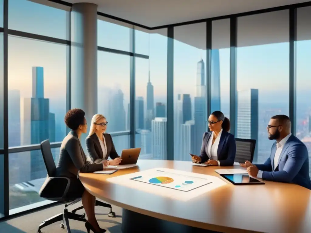 Profesionales inmobiliarios en colaboración en sala de reuniones moderna Un grupo diverso de profesionales inmobiliarios analiza oportunidades de crecimiento en una sala moderna con vista a la ciudad