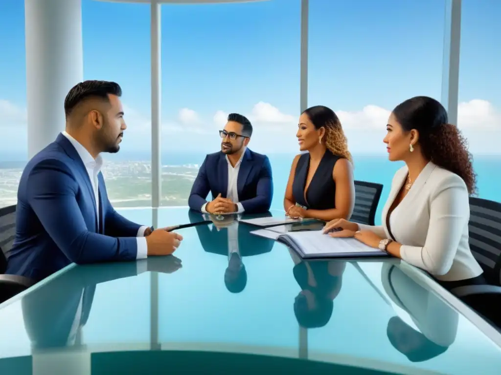 Profesionales inmobiliarios en Puerto Rico: reunión en oficina moderna Grupo diverso de profesionales inmobiliarios discutiendo documentos y planos arquitectónicos en una moderna oficina en San Juan, Puerto Rico