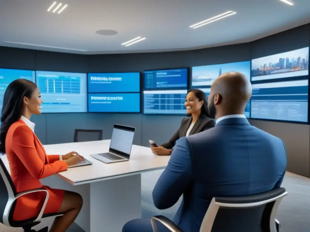 Inversión Inmobiliaria: Profesionales Seguros en Reunión Un grupo diverso de profesionales discute inversiones inmobiliarias online con seguridad y colaboración en una oficina moderna