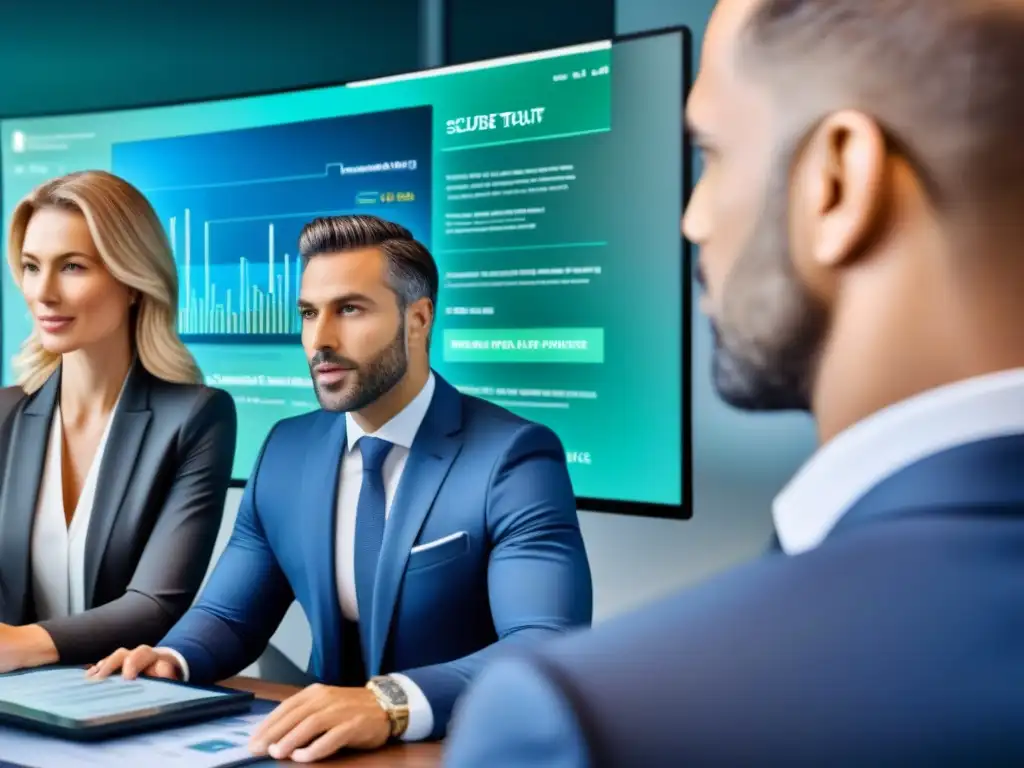 Inversión segura: Profesionales discuten portafolios online Un grupo diverso de profesionales discute sobre inversiones seguras en un entorno online