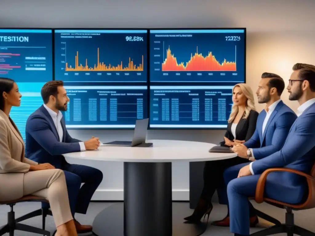 Profesionales debaten estrategias inmobiliarias en época de inflación Un grupo diverso de profesionales analiza inversiones inmobiliarias en período de inflación, mostrando colaboración y determinación
