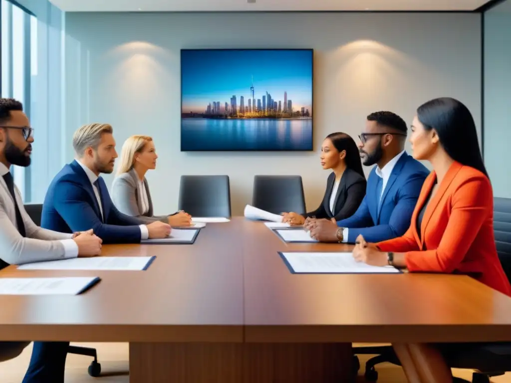 Profesionales legales diversificados en una sala de juntas moderna Un grupo diverso de profesionales legales en una sala moderna discutiendo con planos y documentos legales
