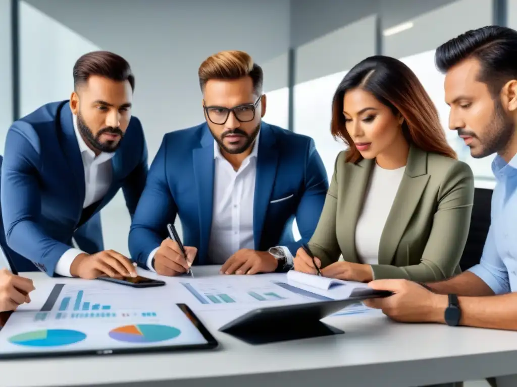 Profesionales analizan listas de inspección en oficina moderna Un grupo diverso de profesionales discute listas de inspección de propiedades en México en una oficina moderna y elegante