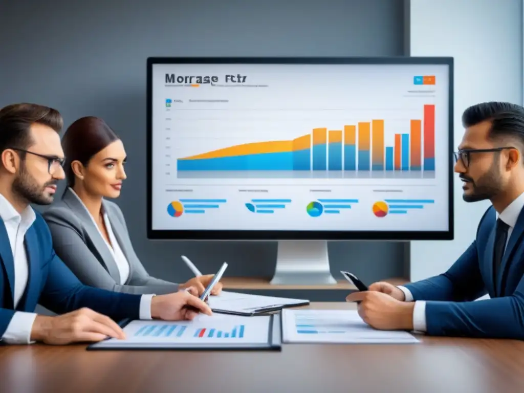 Profesionales analizando productos financieros: guía experta Un grupo diverso de profesionales discute los mejores productos financieros para hipoteca, analizando gráficos y documentos