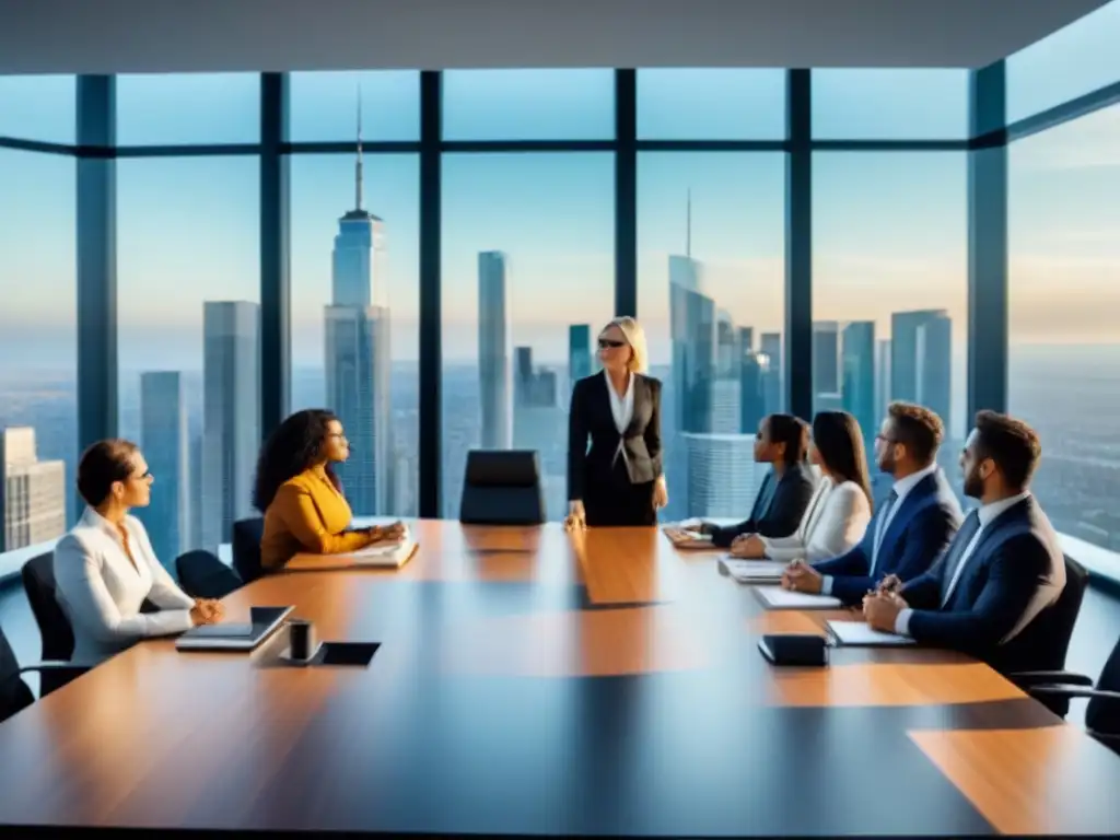 Reunión de profesionales en oficina moderna evaluando propiedad Un grupo diverso de profesionales se reúne en una moderna oficina para evaluar una propiedad en remate