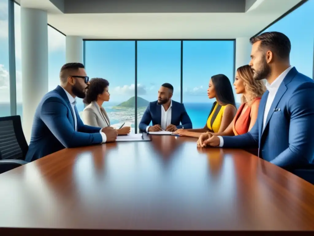 Profesionales debatiendo regulaciones inmobiliarias en ciudad caribeña Un grupo diverso de profesionales discute normativas inmobiliarias Caribe completo en moderna oficina con vista a ciudad vibrante