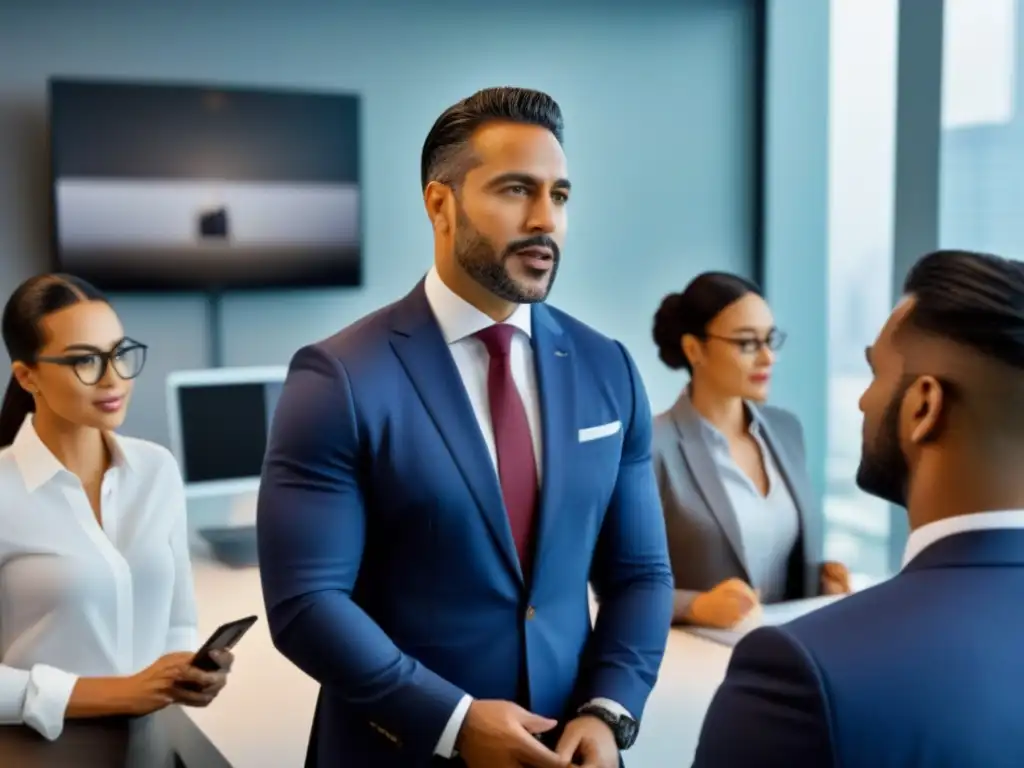 Profesionales debaten financiamiento inmobiliario en oficina moderna Un grupo diverso de profesionales en una oficina moderna discutiendo sobre financiamiento de proyectos espacios comerciales multifuncionales