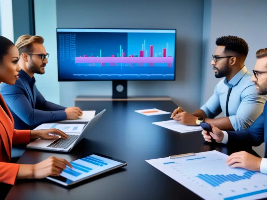 Profesionales innovadores debaten financiamiento inmobiliario Un grupo diverso de profesionales en una oficina moderna discuten sobre 'Financiamiento alternativo para desarrolladores inmobiliarios'