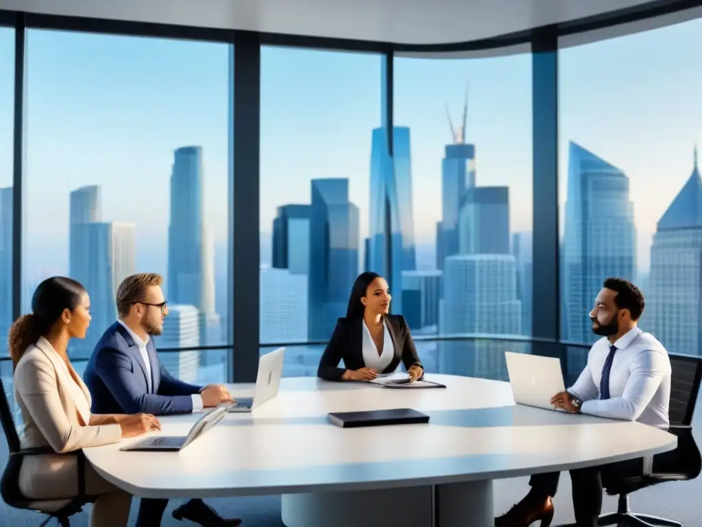 Profesionales colaborando en moderna oficina con vista a la ciudad Grupo diverso de profesionales en una oficina moderna, discutiendo estrategias sobre inversiones inmobiliarias