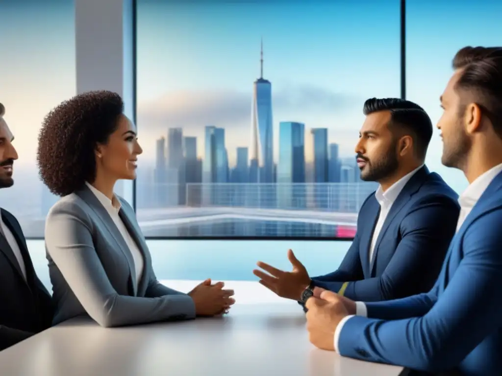 Profesionales debaten inversiones inmobiliarias en oficina moderna Un grupo diverso de profesionales en una oficina moderna discuten sobre inversiones inmobiliarias con IRA