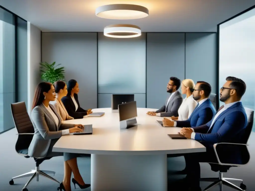 Profesionales colaborando en oficina moderna Un grupo diverso de profesionales en una oficina moderna discuten sobre Fondos de Inversión Inmobiliaria
